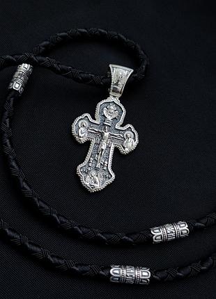 Серебряный крестик и шнурок со вставками из серебра 925 пробы с чернением 846/4+кр0186