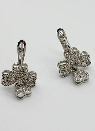 Срібні сережки в стилі "van cleef та arpels" з фіанітами