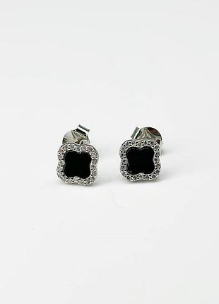 Срібні сережки в стилі "van cleef та arpels" зі вставкою фіаніт/онікс