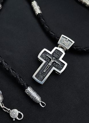 Срібний хрестик з ебеновим деревом і шнурок зі вставками зі срібла 925 проби з чорнинням 846/5+кр013е