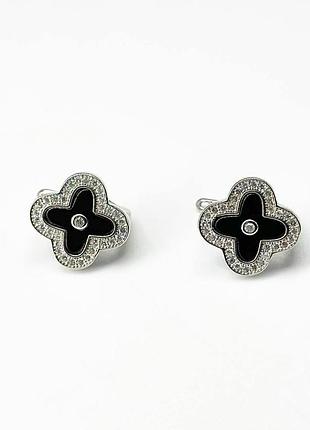 Срібні сережки в стилі "van cleef та arpels" зі вставкою фіаніт/онікс
