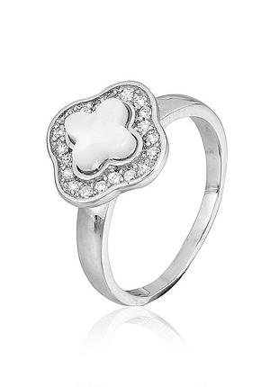 Срібна каблучка в стилі "van cleef та arpels" зі вставкою фіаніт/перламутр