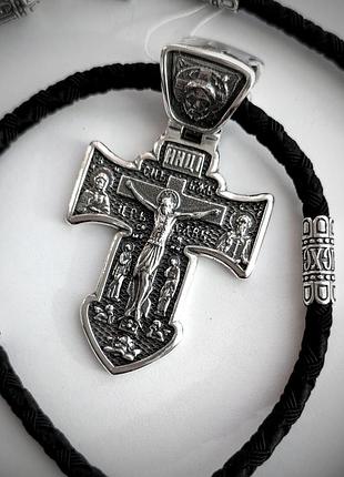 Серебряный крестик и шнурок со вставками из серебра 925 пробы с чернением 846/4+кр0182