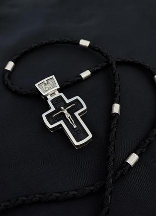 Срібний хрестик з ебеновим деревом і шнурок зі вставками зі срібла 925 проби з чорнинням 866/4гл+кр013е