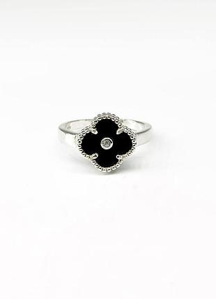 Срібна каблучка в стилі "van cleef та arpels" зі вставкою фіаніт/онікс, розмір 19,0, вага: 3.0 г