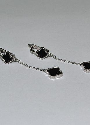 Срібні сережки в стилі "van cleef та arpels" зі вставкою онікс