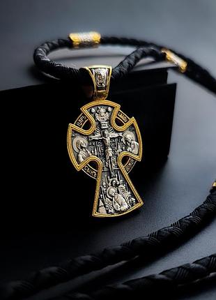Серебряный крестик и шнурок со вставками из серебра 925 пробы с позолотой и чернением 846/4з+кр0185/1з 60