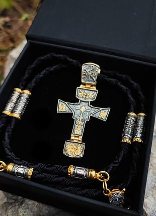 Серебряный крестик и шнурок со вставками из серебра 925 пробы с позолотой и чернением 846/4кз+кр0188з