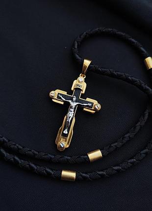 Серебряный крестик с эбеновым деревом и шнурок со вставками из серебра 925 пробы с позолотой 866/4глз+кр011ез