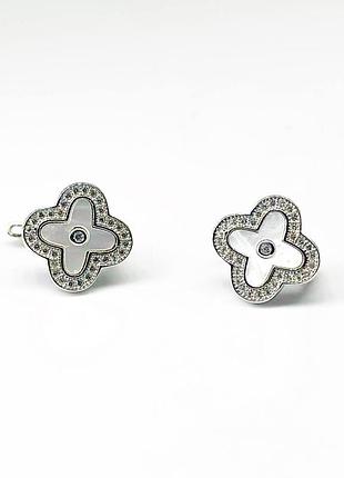 Серебряные серьги в стиле "van cleef и arpels" со вставкой фианит/перламутр