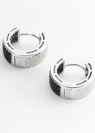 Серебряные серьги двусторонние с белыми и черными фианитами