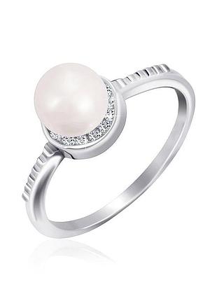 Серебряное кольцо с фианитами и жемчугом, размер 16,0, вес: 2.0 г