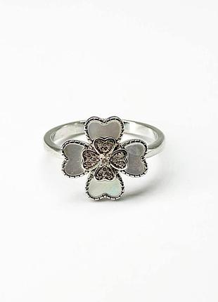 Срібна каблучка в стилі "van cleef та arpels" зі вставкою фіаніт/перламутр, розмір 17,0, вага: 3.3 г