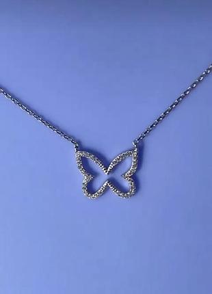 Серебряное колье с бабочкой и фианитами, размер 40 см x 0,1 см, вес: 2.2 г