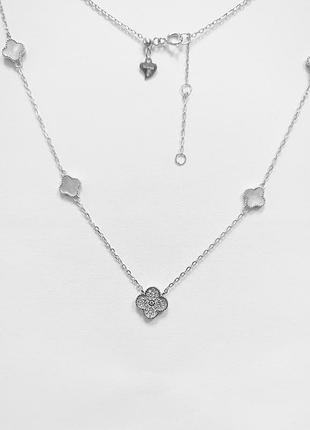 Срібне кольє в стилі "van cleef та arpels" зі вставкою фіаніт/перламутр, розмір 43 см x 0,1 см, вага: 3.7 г