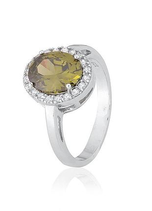 Серебряное кольцо с бледно-зелеными фианитами, размер 19,0, вес: 3.9 г
