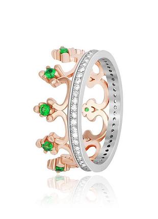 Серебряное кольцо корона с зелеными фианитами, размер 16,0, вес: 3.4 г