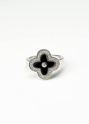 Срібна каблучка в стилі "van cleef та arpels" зі вставкою фіаніт/онікс, розмір 18,5, вага: 3.8 г