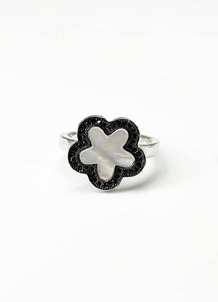 Срібна каблучка в стилі "van cleef та arpels" зі вставкою фіаніт/перламутр, розмір 17,0, вага: 3.5 г
