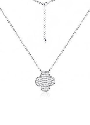 Серебряное колье клевер с фианитами, размер 43 см x 0,1 см, вес: 2.5 г