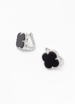 Срібні сережки в стилі "van cleef та arpels" зі вставкою онікс