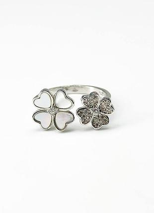 Срібна каблучка в стилі "van cleef та arpels" зі вставкою фіаніт/перламутр, розмір 17,5, вага: 3.3 г