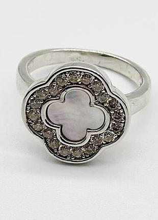 Срібна каблучка в стилі "van cleef та arpels" зі вставкою фіаніт/перламутр, розмір 17,4, вага: 4.8 г