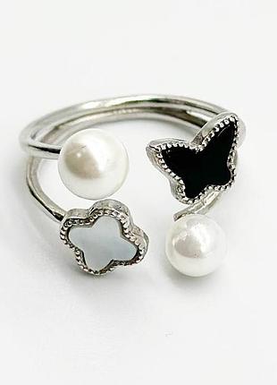 Серебряное кольцо в стиле "van cleef и arpels", перламутр/оникс/перлина, размер 16,5, вес: 2.5 г