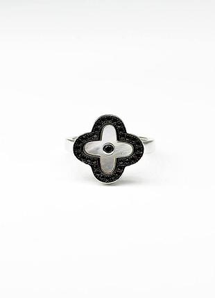 Серебряное кольцо в стиле "van cleef и arpels" со вставкой фианит/перламутр, размер 17,5, вес: 3.7 г