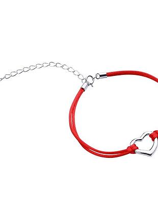 Серебряный браслет с шелком и сердцем, размер 16,5 см x 0,35 см, вес: 2.4 г
