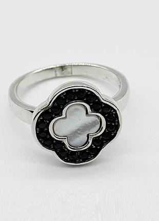 Серебряное кольцо в стиле "van cleef и arpels" со вставкой фианит/перламутр, размер 18,0, вес: 4.8 г