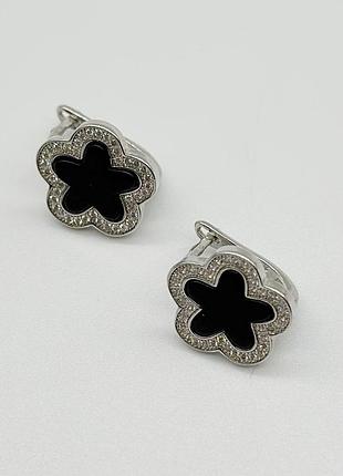 Срібні сережки в стилі "van cleef та arpels" зі вставкою фіаніт/онікс