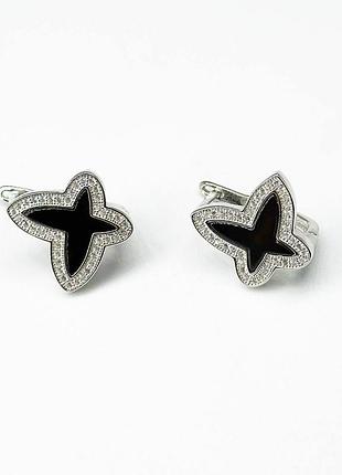 Срібні сережки в стилі "van cleef та arpels" зі вставкою фіаніт/онікс
