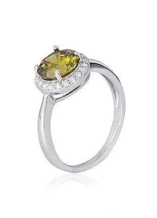 Серебряное кольцо с бледно-зелеными фианитами, размер 16,0, вес: 2.9 г