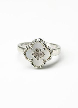 Срібна каблучка в стилі "van cleef та arpels" зі вставкою фіаніт/перламутр, розмір 15,5, вага: 3.1 г