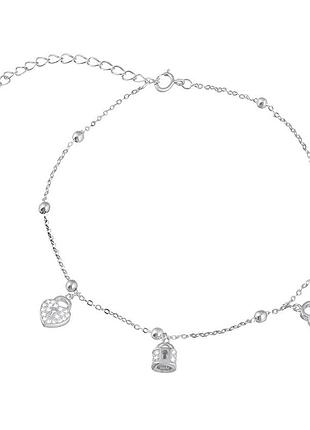 Серебряный браслет на ногу замочки, размер 22,5 см x 0,1 см, вес: 3.4 г