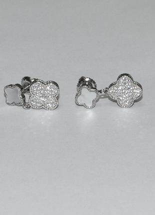 Срібні сережки в стилі "van cleef та arpels" зі вставкою фіаніт/перламутр