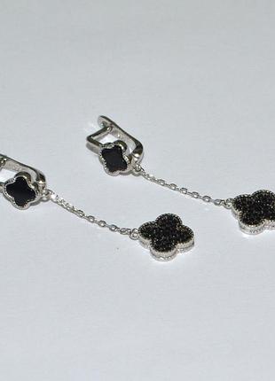 Срібні сережки в стилі "van cleef та arpels" зі вставкою фіаніт/онікс