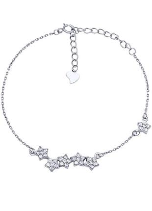 Серебряный браслет с фианитами звездочки, размер 15,5 см x 0,1 см, вес: 2.4 г