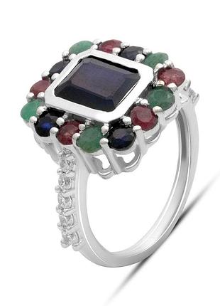 Срібне кільце komilfo з натуральним сапфіром 1.917ct, смарагдом, рубіном, вага виробу 5,01 гр (2182382) 18 розмір