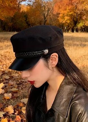 Britan cap. черная армейская кепка, британская шапка морячка с козырьком берет военный под кожу
