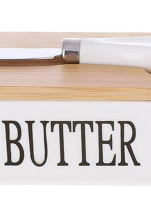 Маслянка порцелянова з бамбуковою кришкою та ножем для масла butter 15*8.5*7.5см