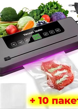 Вакууматор для продуктів vacuum sealer з led-дисплеєм, вбудованим різаком та 10 пакетами для вакуумного пакування