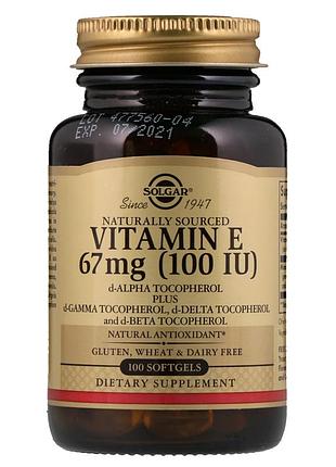 Витамин е, 67 мг (100 iu), d-alpha tocopherol & mixed tocopherols, solgar, 100 желатиновых капсул