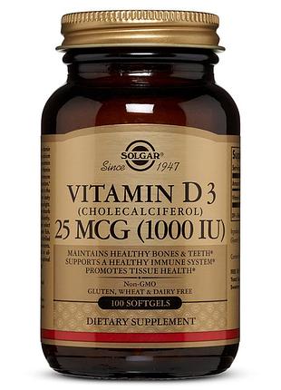 Витамин d3, cholecalciferol, solgar, 25 мкг, 1,000 ме, 100 гелевых капсул