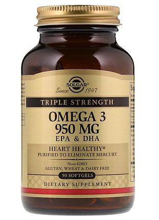 Омега-3, эпк и дгк, triple strength, 950 мг, solgar, 50 желатиновых капсул