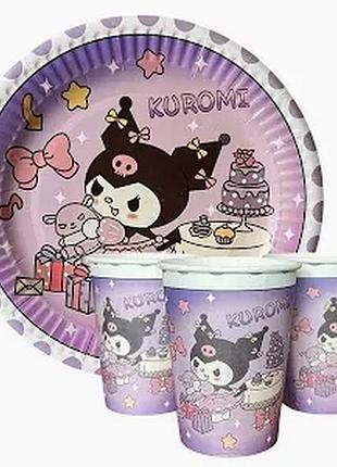 Комплект посуду "куромі | kuromi", тарілка та склянка ковпачки по 10 шт