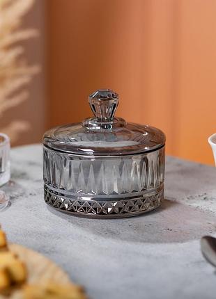 Конфетница с крышкой ø 10 см стеклянная ребристая серая shop