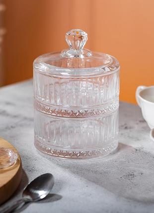Конфетница двухуровневая с крышкой стеклянная ребристая ø 10 см круглая shop