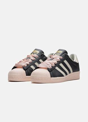Шкіряні чорні жіночі кеди adidas superstar 82  black pink ribbon laces 82  38-39 розмір